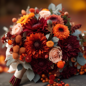 Stunning fall bridal bouquet with burgundy dahlias, orange chrysanthemums, blush roses, and eucalyptus. Perfect for autumn weddings with rich, seasonal hues.