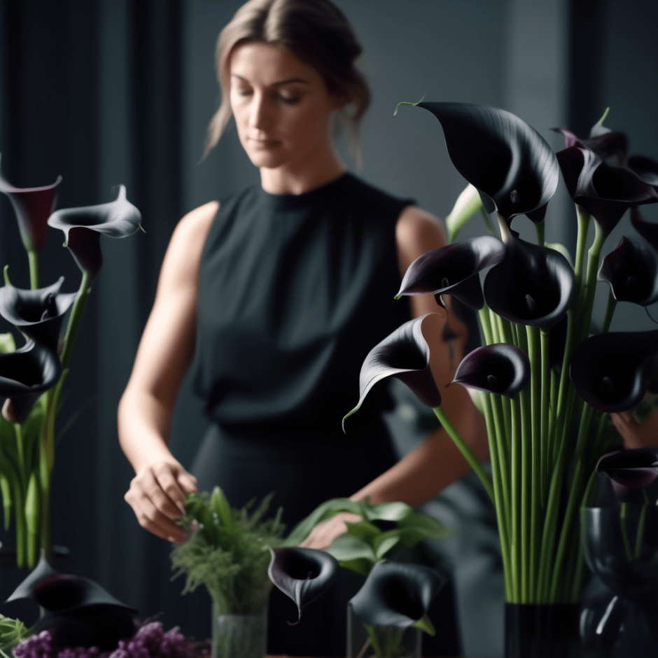 A florist arranging an elegant display of Black Calla Lilies in a modern setting, with dark green foliage and minimalistic decor, highlighting the sleek, deep black flowers.