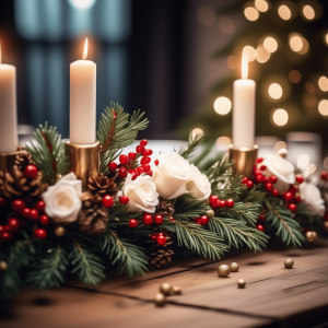Elegant Christmas centerpiece with white roses, red hypericum berries, pinecones, and fir branches, accented with gold candleholders, perfect for holiday weddings and events.