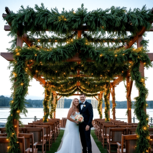 Outdoor wedding ceremony by a lakeside with a couple standing under a wooden pergola draped with lush cedar garlands and twinkling string lights, creating a romantic atmosphere.