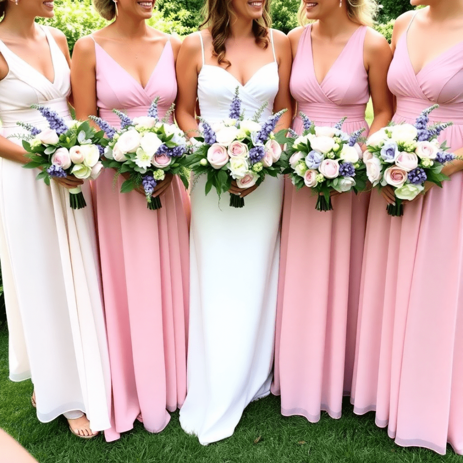Bridal party in a garden, bride in white, bridesmaids in pink dresses holding pastel bouquets with blush roses, lavender, and greenery.