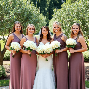 Bride and bridesmaids holding white hydrangea bouquets, standing outdoors in a garden setting with greenery and trees in the background, all wearing mauve dresses and smiling.