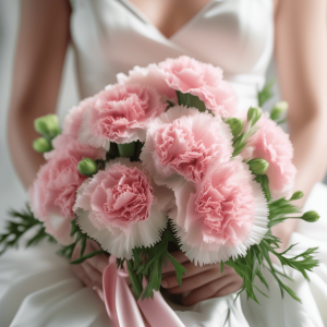 Close-up of a bridal bouquet made with soft pink carnations and delicate greenery, tied with a satin pink ribbon, held by a bride in a white gown.