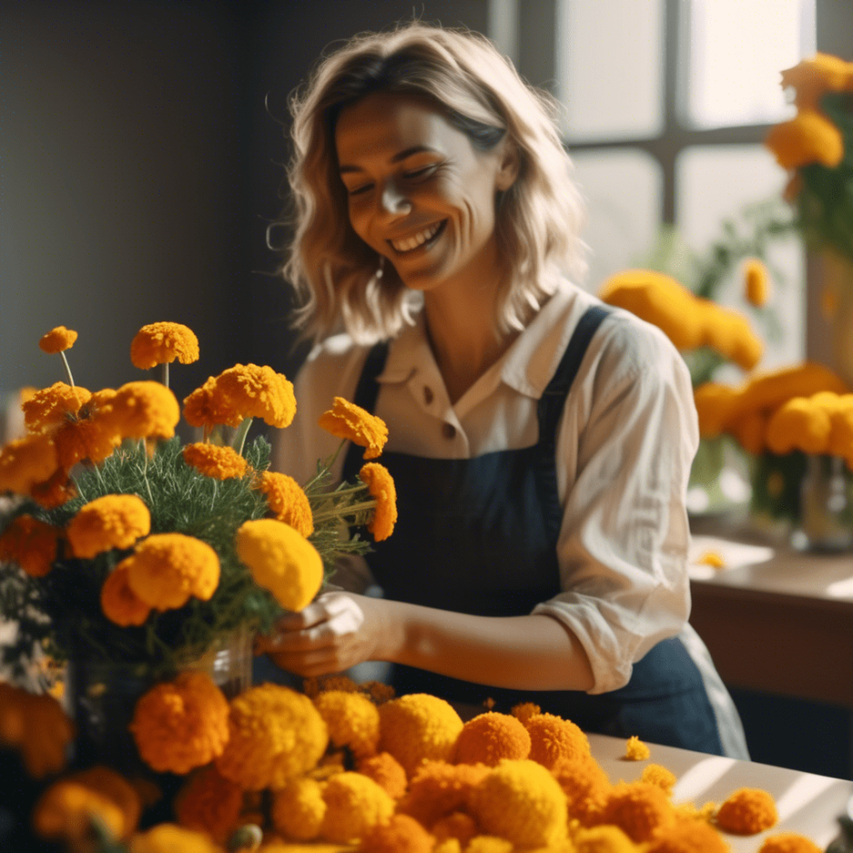 A smiling woman arranging vibrant orange marigolds into a floral display, surrounded by fresh marigold blooms in a well-lit room, creating a beautiful autumn event arrangement.