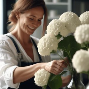 Smiling woman arranging fresh white hydrangea flowers in a vase, creating an elegant floral arrangement in a bright room.