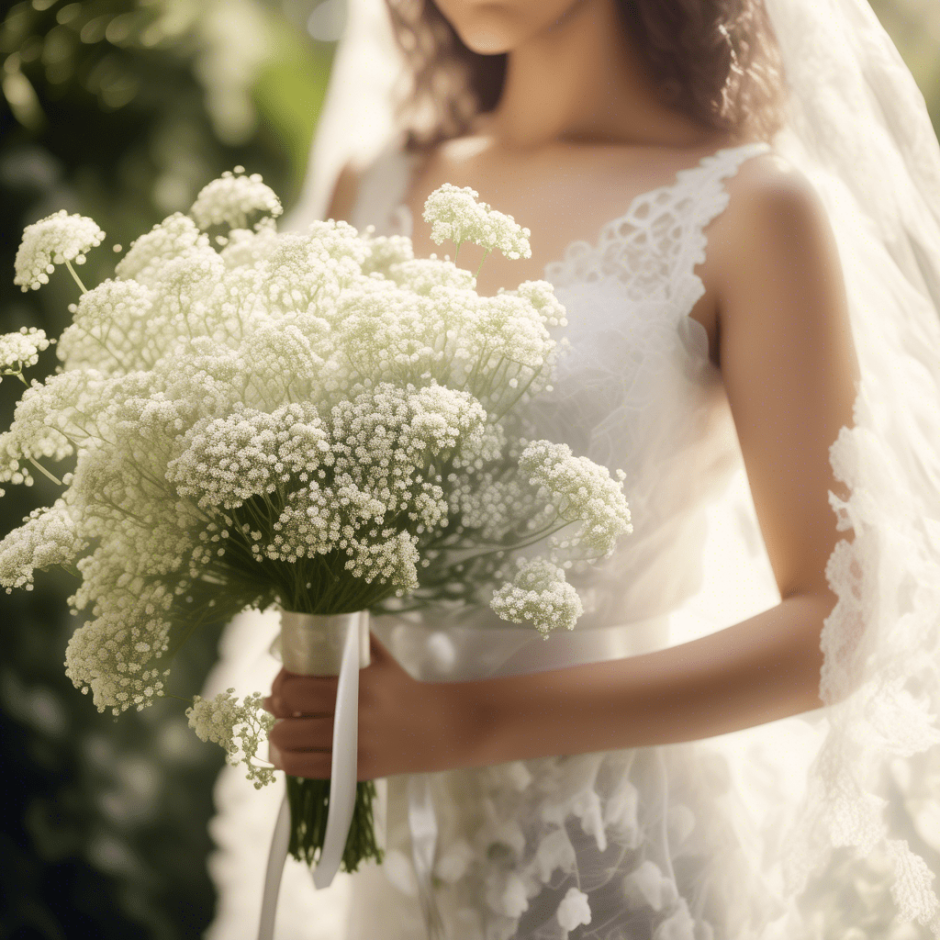 Bride holding a bouquet of fresh-cut Baby's Breath, wrapped in satin ribbon, in a garden setting with soft-focus greenery and sunlight.