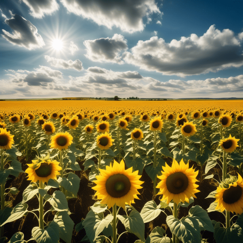 Expansive field of fresh sunflowers under a bright blue sky with clouds, capturing the vibrant yellow blooms in peak sunlight, perfect for nature-inspired decor.