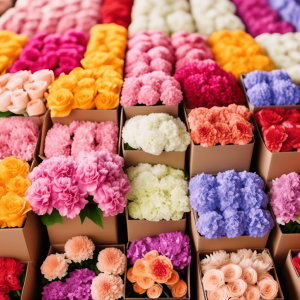 Colorful assortment of wholesale flowers in bulk boxes, including vibrant roses, carnations, and hydrangeas, ideal for events and weddings.