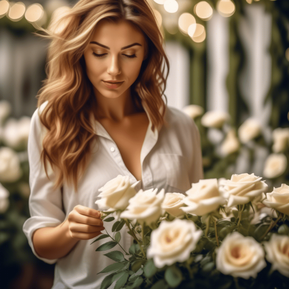 Young woman in a white blouse gently touching fresh cut white garden roses, surrounded by blooming flowers in a serene, softly lit setting. She gazes at the roses with a peaceful expression, capturing the elegance and beauty of the moment.