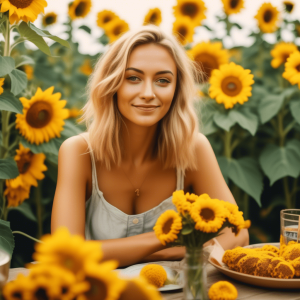 Smiling woman seated at a rustic table surrounded by vibrant sunflowers, embodying a warm, rustic wedding vibe. Perfect inspiration for fall wedding decor with sunflower bouquets.