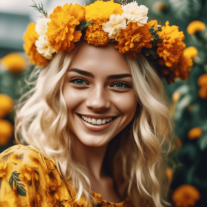 A smiling woman with wavy blonde hair wearing a bright floral crown made of vibrant yellow and white marigolds. She is dressed in a yellow floral-patterned blouse, standing against a blurred background filled with lush greenery and matching yellow flowers, capturing the warmth and beauty of an autumnal setting.