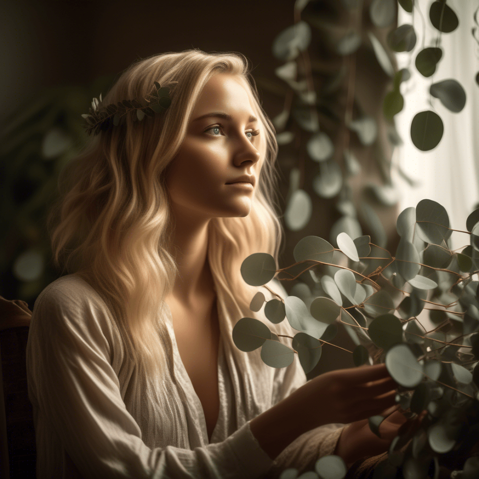 Young woman with shoulder-length blonde hair admiring a fresh silver dollar eucalyptus garland in her hands, with a look of wonder, in a softly lit room.