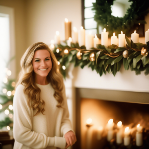 Smiling young woman with long hair placing a magnolia garland with candles on a cozy fireplace mantel, creating a warm holiday ambiance.