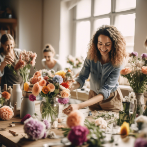 Smiling young woman arranging a colorful bouquet of fresh flowers in a vase, surrounded by friends and various flower supplies on a wooden table in a bright, airy room. DIY wedding flower preparation with cheerful, vibrant blooms and a fun, collaborative atmosphere.