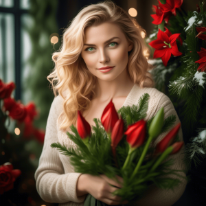 Beautiful woman with blonde hair and green eyes arranging winter flowers with red amaryllis and pine, set against a festive holiday background with lights.