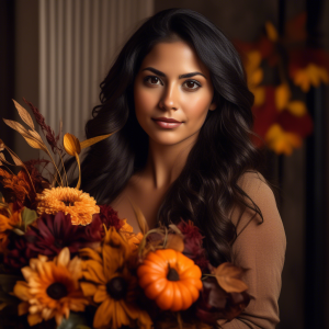 Young Latina woman with flowing black hair and captivating brown eyes arranging a vibrant fall flower centerpiece with marigolds, chrysanthemums, and dahlias in warm autumn hues.