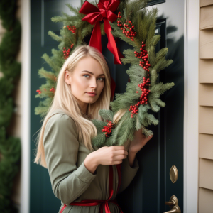 Young woman with blonde hair and olive green eyes hanging a fresh holiday wreath with red berries and bow on her dark green front door, expressing satisfaction.