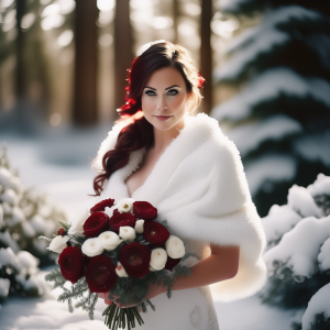 Elegant bride in snowy forest with white faux fur wrap, holding a bouquet of deep red and white ranunculus with frosted greenery. Sunlight highlights her radiant look.