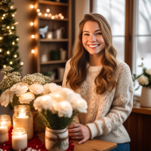 Smiling young woman in a cozy sweater surrounded by budget-friendly floral arrangements, including white roses and baby's breath, in a warm winter setting.