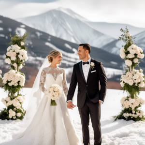 Smiling bride and groom at a snowy mountain destination wedding, surrounded by elegant white floral arrangements and a picturesque winter backdrop.