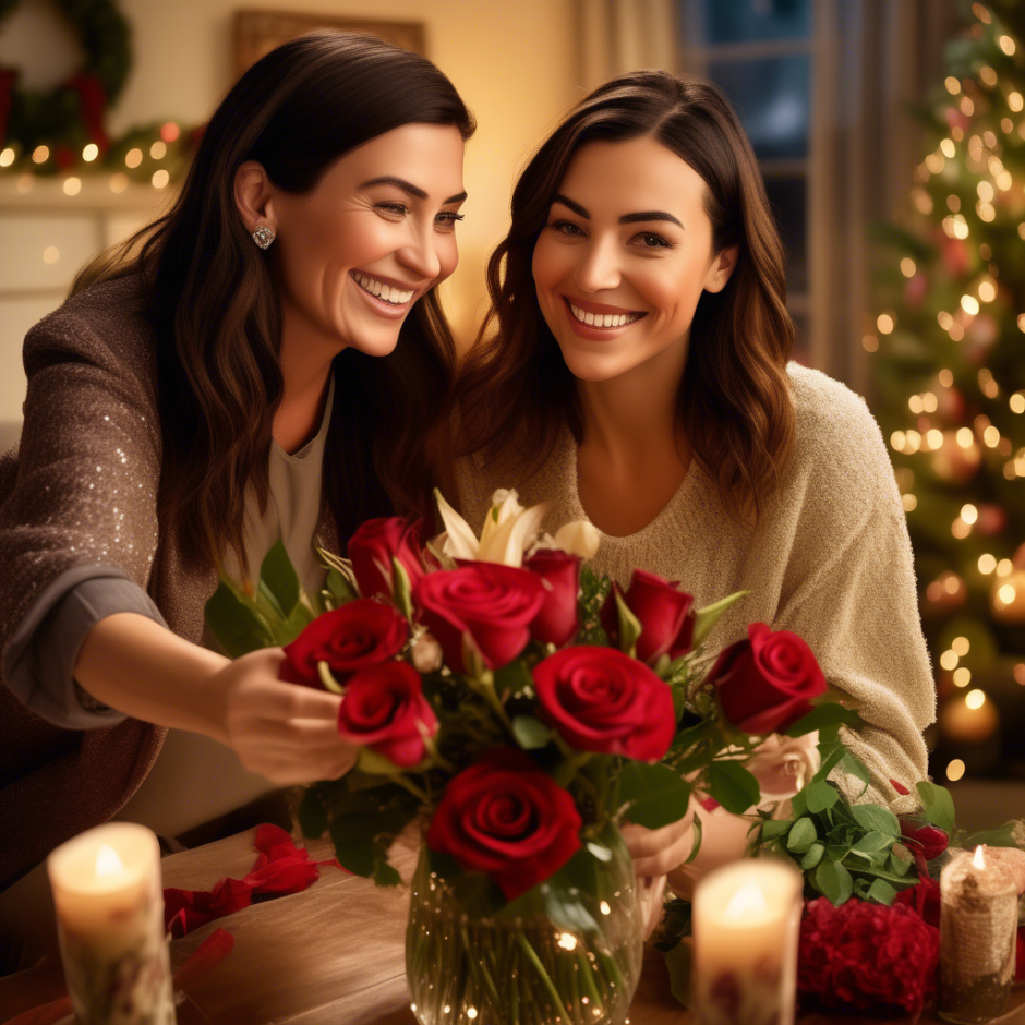 Two women smiling warmly in a festive holiday setting, showcasing a handcrafted centerpiece with vibrant red roses and greenery, surrounded by glowing candles.