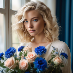 Elegant blonde woman with medium curls and mesmerizing blue eyes holding a bouquet of vibrant blue cornflowers and blush roses near a softly lit window.