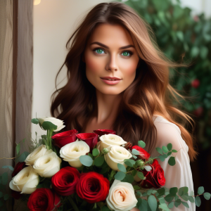 Elegant woman with captivating emerald-green eyes holding a bouquet of red and white roses with eucalyptus, framed by soft natural light and greenery.