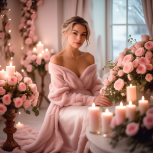 Elegant young woman in a cozy pink gown surrounded by glowing candles and lush arrangements of David Austin Constance Pink Roses, creating a romantic winter ambiance.