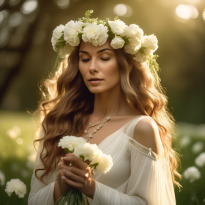 Elegant woman in a meadow wearing a white carnation garland, holding matching flowers, with flowing hair and soft golden sunlight enhancing the serene scene.