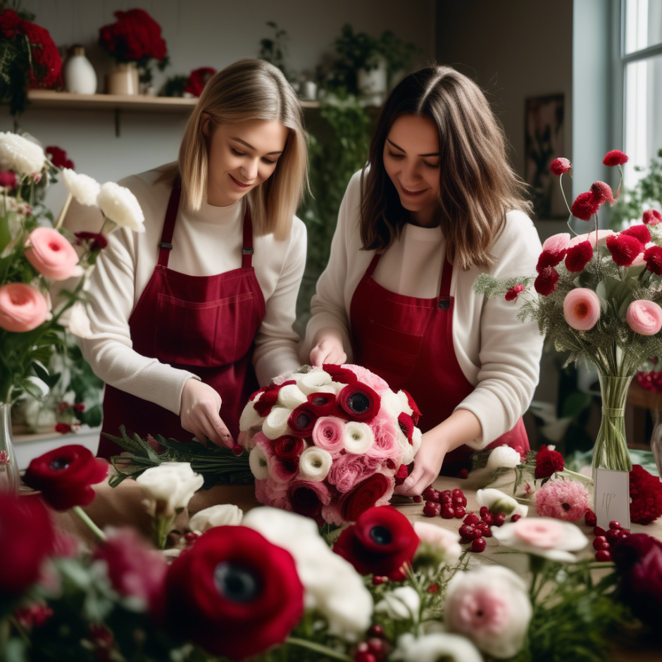 Two women in red aprons crafting elegant floral arrangements with fresh red, white, and pink flowers, including ranunculus and anemones, in a cozy studio.