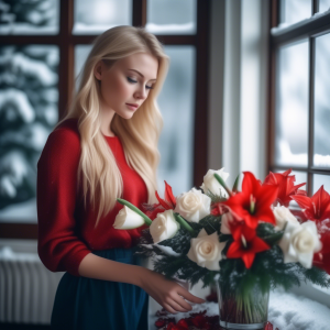 Blonde woman in a red sweater arranging a beautiful winter bouquet of fresh white roses and vibrant red amaryllis, with snow visible outside the window.