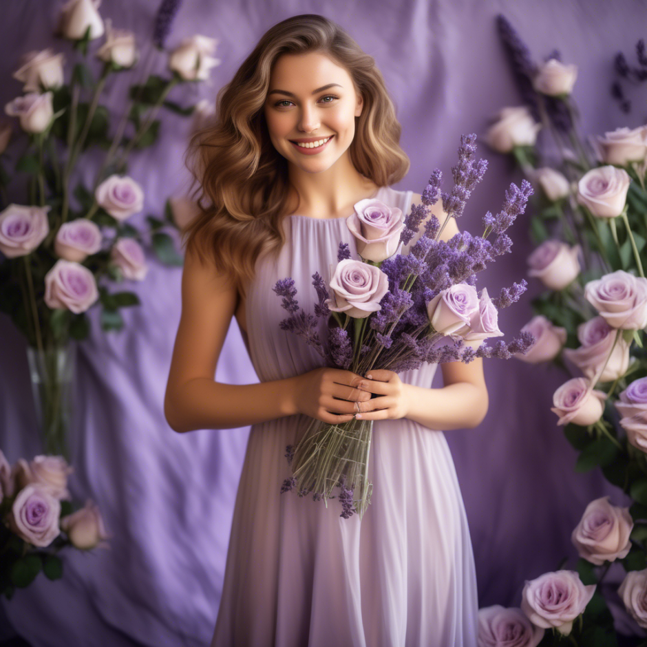 Beautiful young woman with light brown wavy hair in a lavender dress, holding a vase of Cool Water Lavender Roses with a radiant smile, surrounded by floral decor.