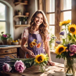 Smiling woman in a floral apron arranging sunflowers, peonies, and lavender on a rustic wooden table in a sunlit room with wooden shelves and greenery.