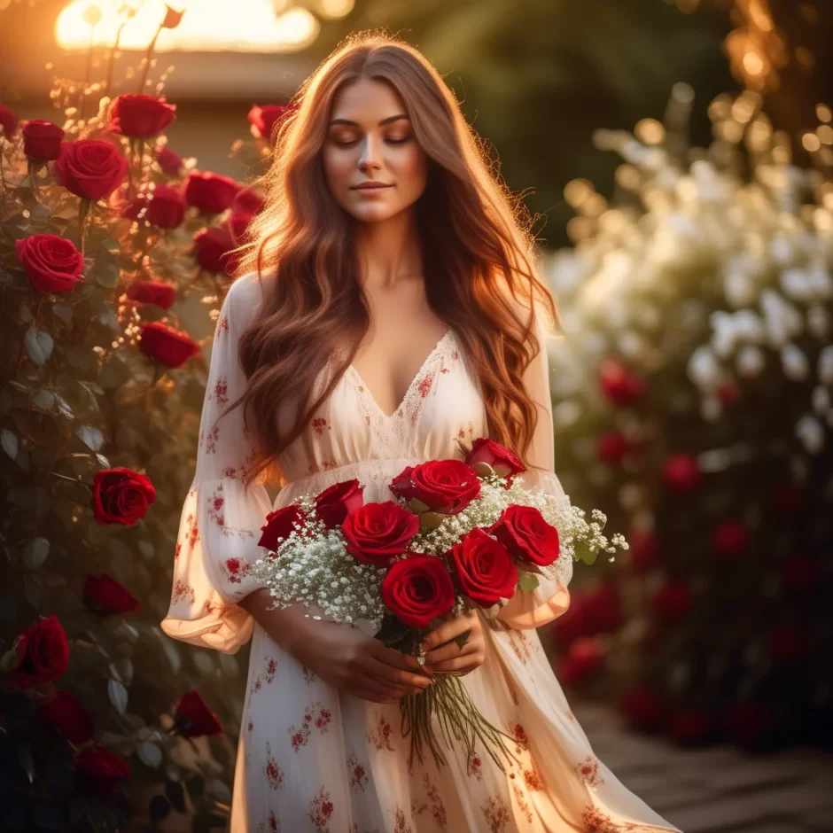 Young woman with long flowing hair holding a vibrant bouquet of red roses and white Baby’s Breath in a garden at golden hour, surrounded by blooming flowers.