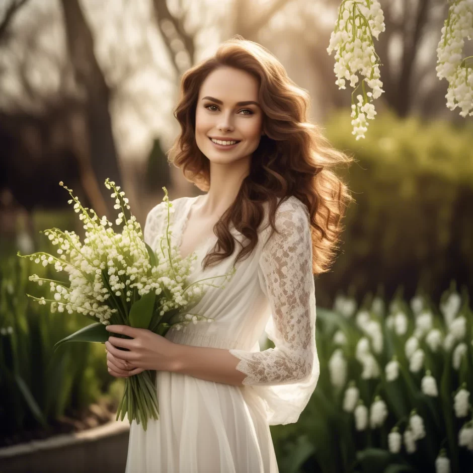 Gorgeous bride with flowing brown hair holds a delicate Lily of the Valley bouquet, standing in a sunlit garden with a radiant smile and timeless elegance.