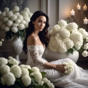 Elegant woman in an off-the-shoulder lace gown surrounded by lush white hydrangeas, creating a romantic, serene atmosphere with soft candlelight in the background.