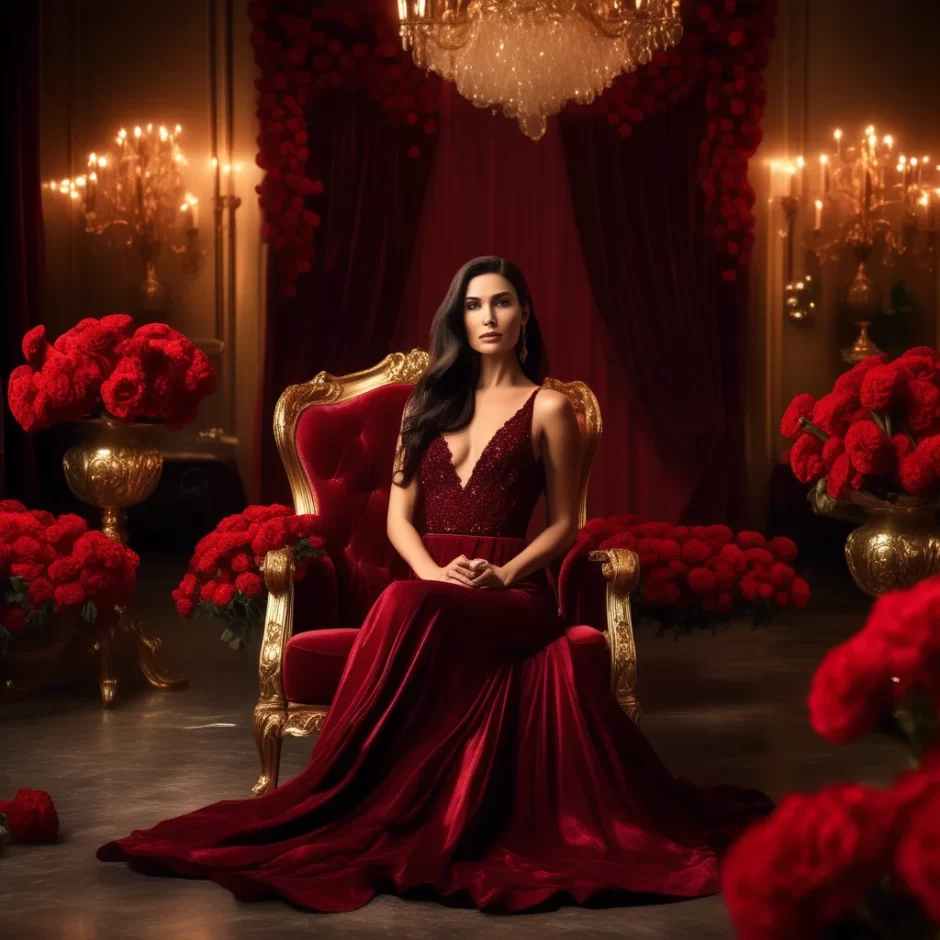 Elegant woman in a deep red gown seated on a gold-trimmed velvet chair, surrounded by vibrant red flowers in a luxurious, candlelit room with ornate decor.