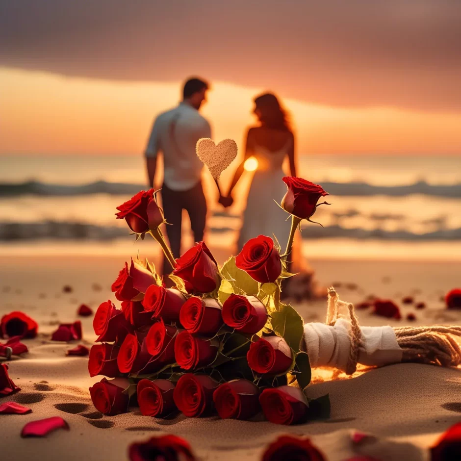 Romantic beach scene at sunset with a bouquet of vibrant red roses in the foreground and a couple holding hands in the background, symbolizing love and togetherness.