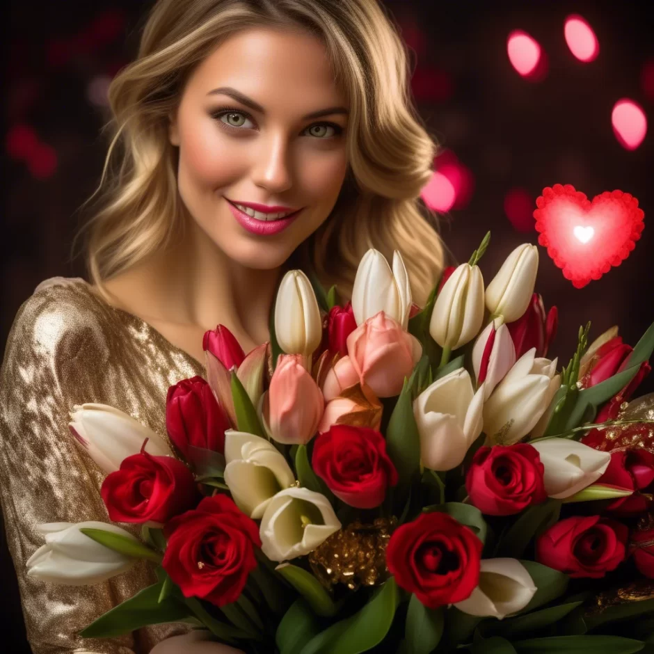 Stunning woman in a golden dress holding a vibrant bouquet of red roses, pink tulips, and white lilies, with a glowing heart and romantic bokeh background.