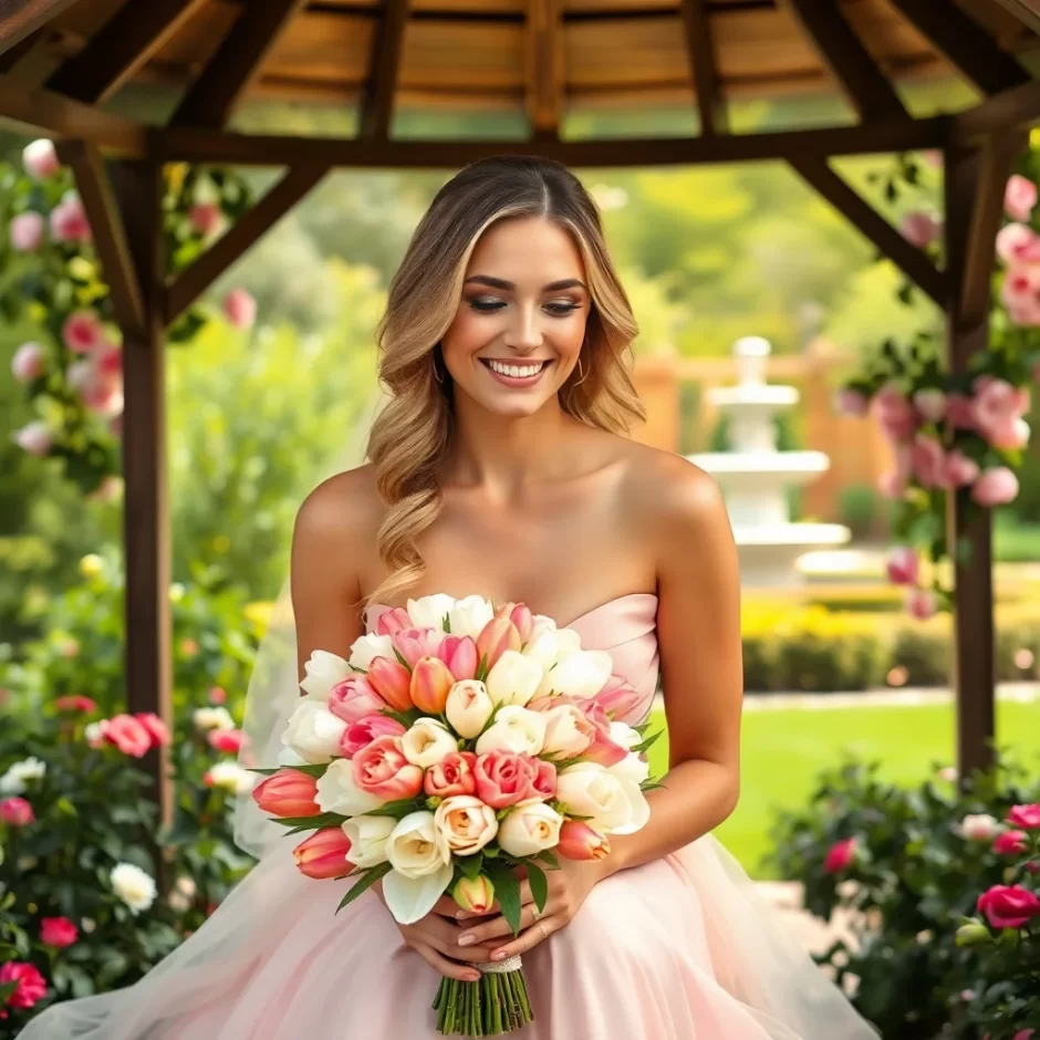 Smiling woman in a blush-pink gown holding a bouquet of pink tulips and white roses, sitting in a garden gazebo surrounded by blooming flowers and greenery.
