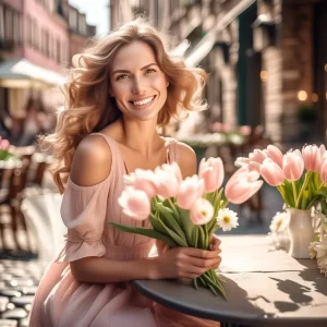 Smiling woman in a blush-pink dress holding a bouquet of pastel pink tulips and daisies, sitting at an outdoor café table on a charming cobblestone street.