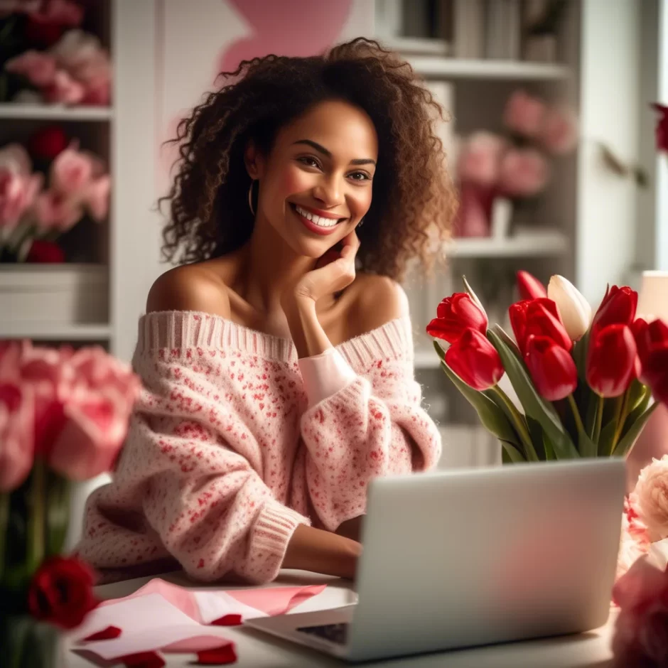 Smiling woman in a cozy pink sweater surrounded by red tulips and roses, sitting at a desk with a laptop, creating a warm and heartfelt Valentine’s atmosphere.
