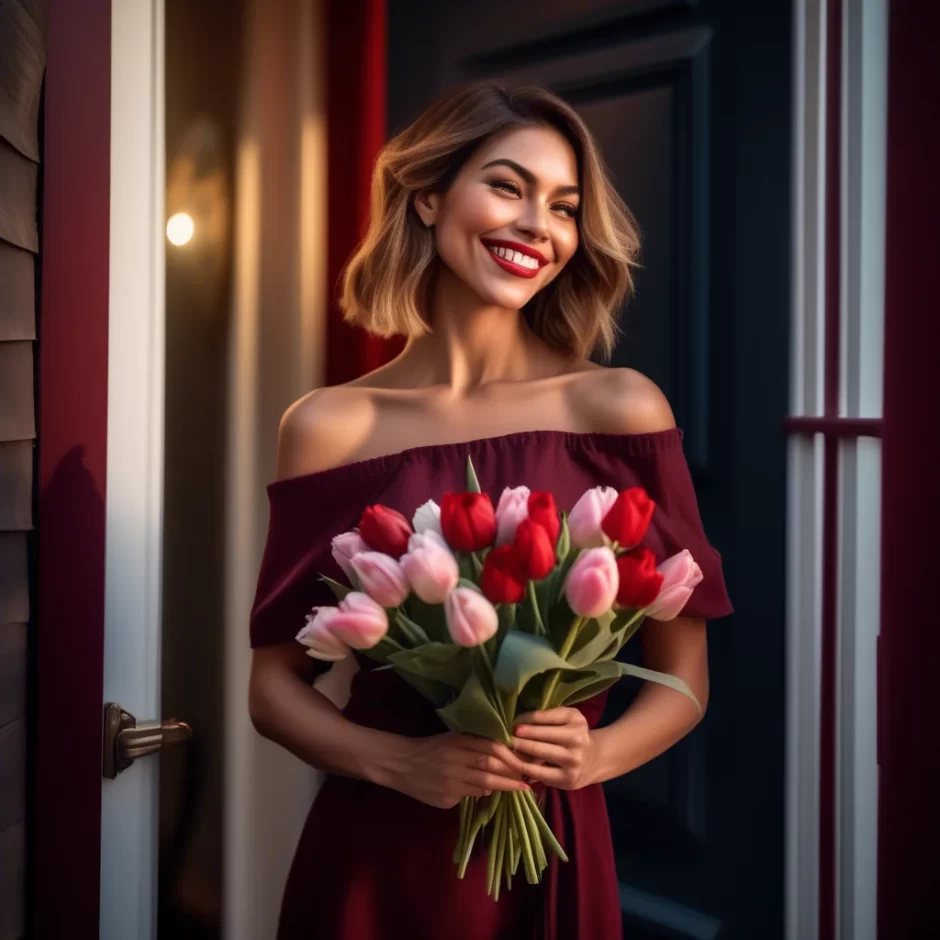Smiling woman in an off-the-shoulder burgundy dress holding a bouquet of red and pink tulips, standing at her doorstep with warm evening lighting.