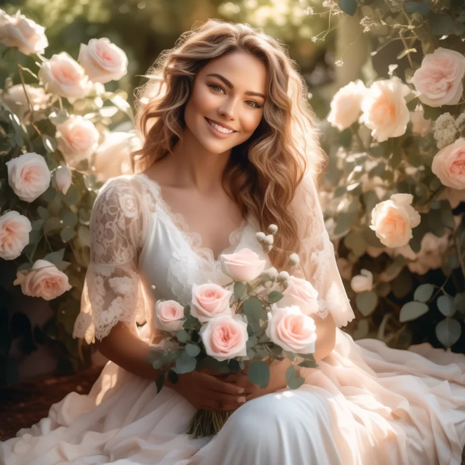 Elegant woman in a lace white dress holding a bouquet of blush pink roses and eucalyptus, seated in a blooming garden surrounded by soft golden sunlight.
