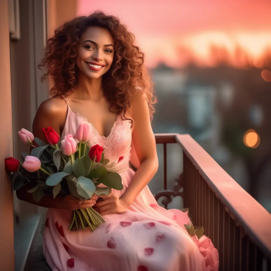 Beautiful woman in a pink lace dress holding a bouquet of red and pink tulips with eucalyptus, seated on a balcony at sunset, surrounded by warm, romantic hues.
