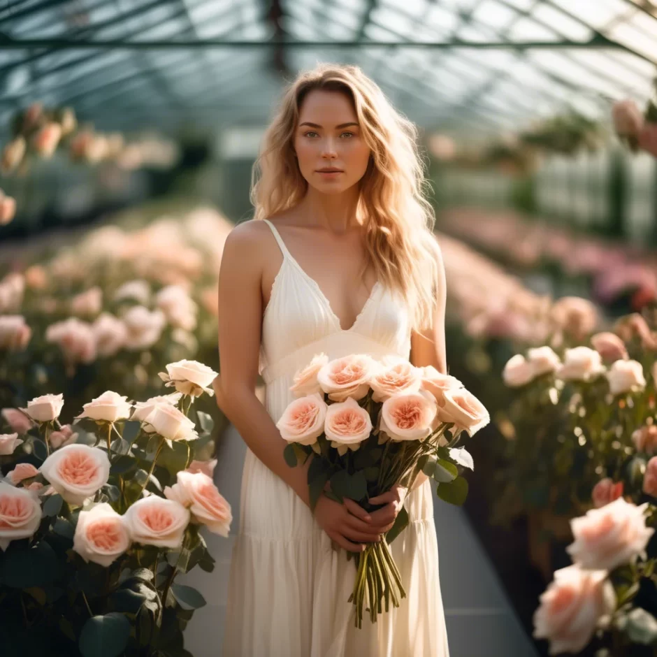 Elegant woman in a white dress holding a bouquet of blush roses, standing in a sunlit greenhouse surrounded by blooming rose bushes, exuding natural beauty.