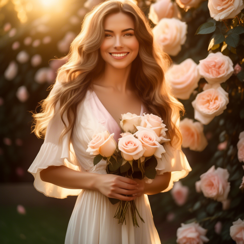Smiling woman in a flowing white dress holding a bouquet of blush roses, surrounded by blooming rose bushes in golden sunlight, radiating elegance and romance.