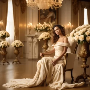 Elegant woman in a luxurious cream gown seated on a gold-accented chair, surrounded by cream roses in an opulent, softly lit room with chandeliers.