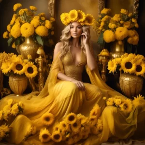Elegant woman in a flowing golden gown, adorned with a sunflower crown, surrounded by vibrant yellow flowers and golden vases in a luxurious setting.