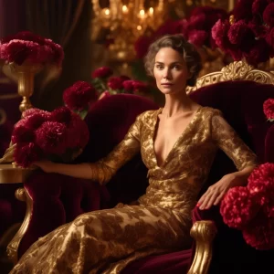 Elegant woman in a golden lace gown seated on a burgundy velvet chair, surrounded by luxurious arrangements of deep burgundy carnations and golden decor accents.